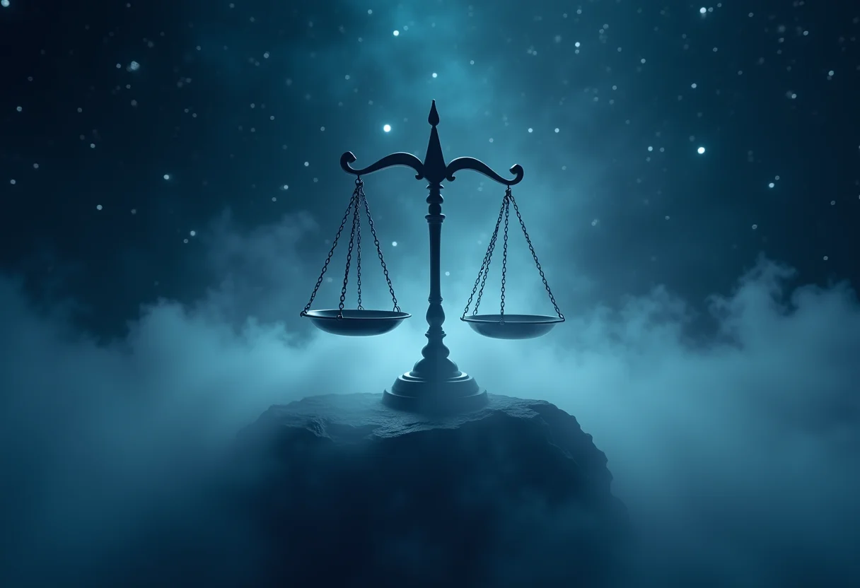 Balança da justiça divina flutuando no céu noturno