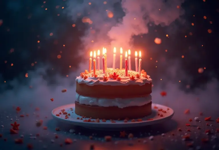 Bolo de aniversário flutuando no espaço, simbolizando celebração e mistério.