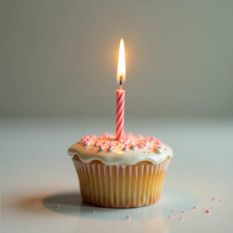 Bolo de aniversário pequeno e simples, simbolizando humildade e contentamento.