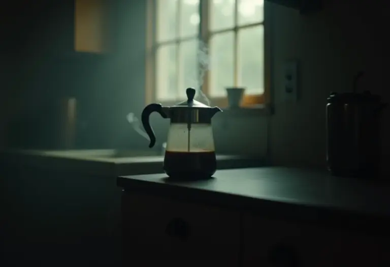 Bule de café antigo soltando vapor em cozinha onírica.