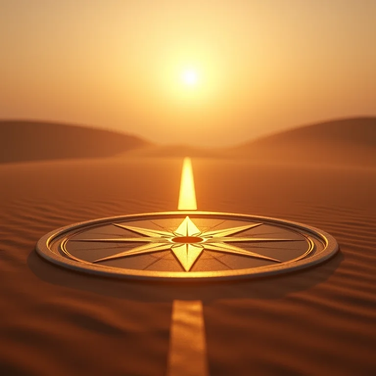 Bússola apontando para um oásis distante, representando a busca por propósito e significado.