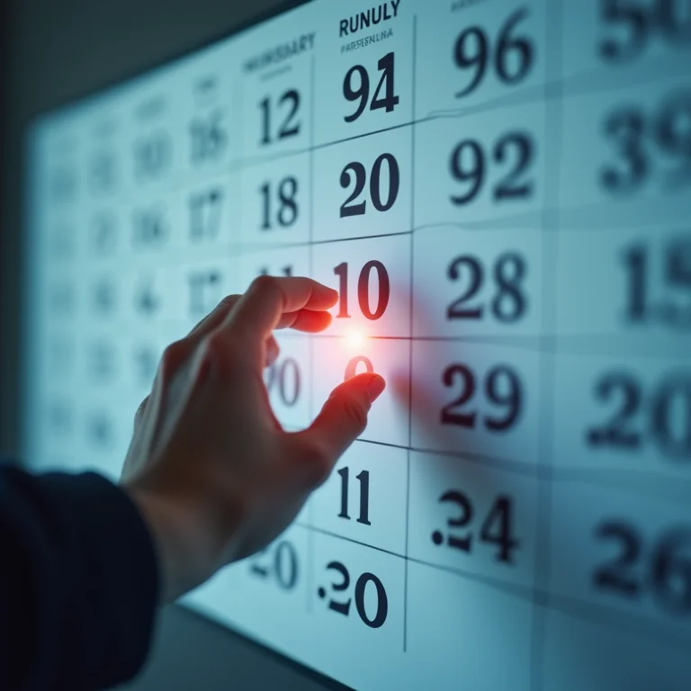 Calendário com datas borradas, mão tocando data destacada.