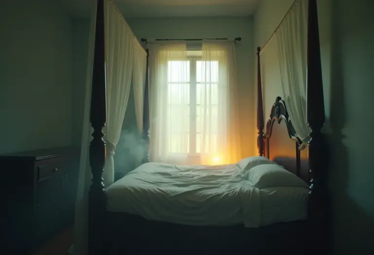 Cama antiga envolta em névoa, simbolizando mistério e memórias do passado