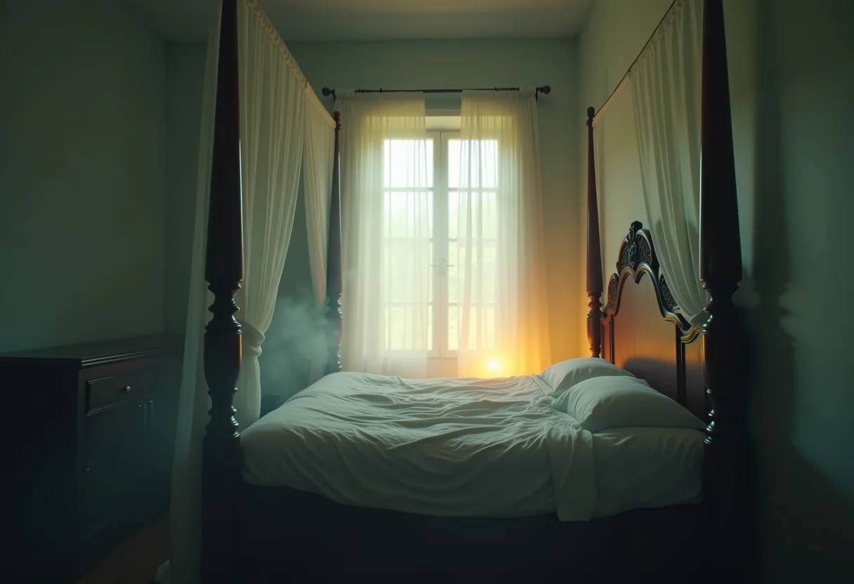 Cama antiga envolta em névoa, simbolizando mistério e memórias do passado