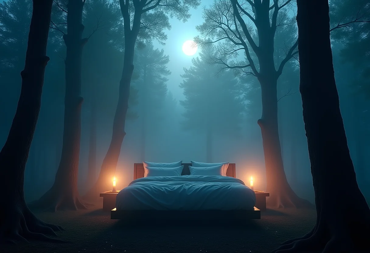 Cama de hotel flutuante em floresta mística, simbolizando o conforto e o sonho da primeira noite.