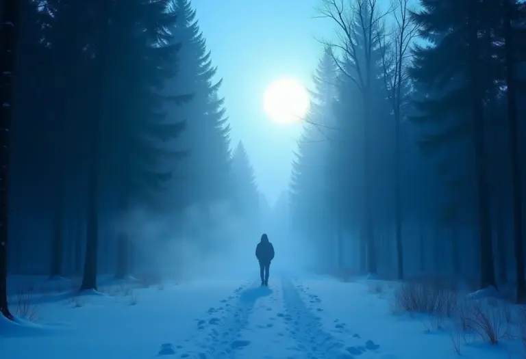 Caminho coberto de neve sob a luz da lua, representando sonhos com o inverno e o subconsciente.