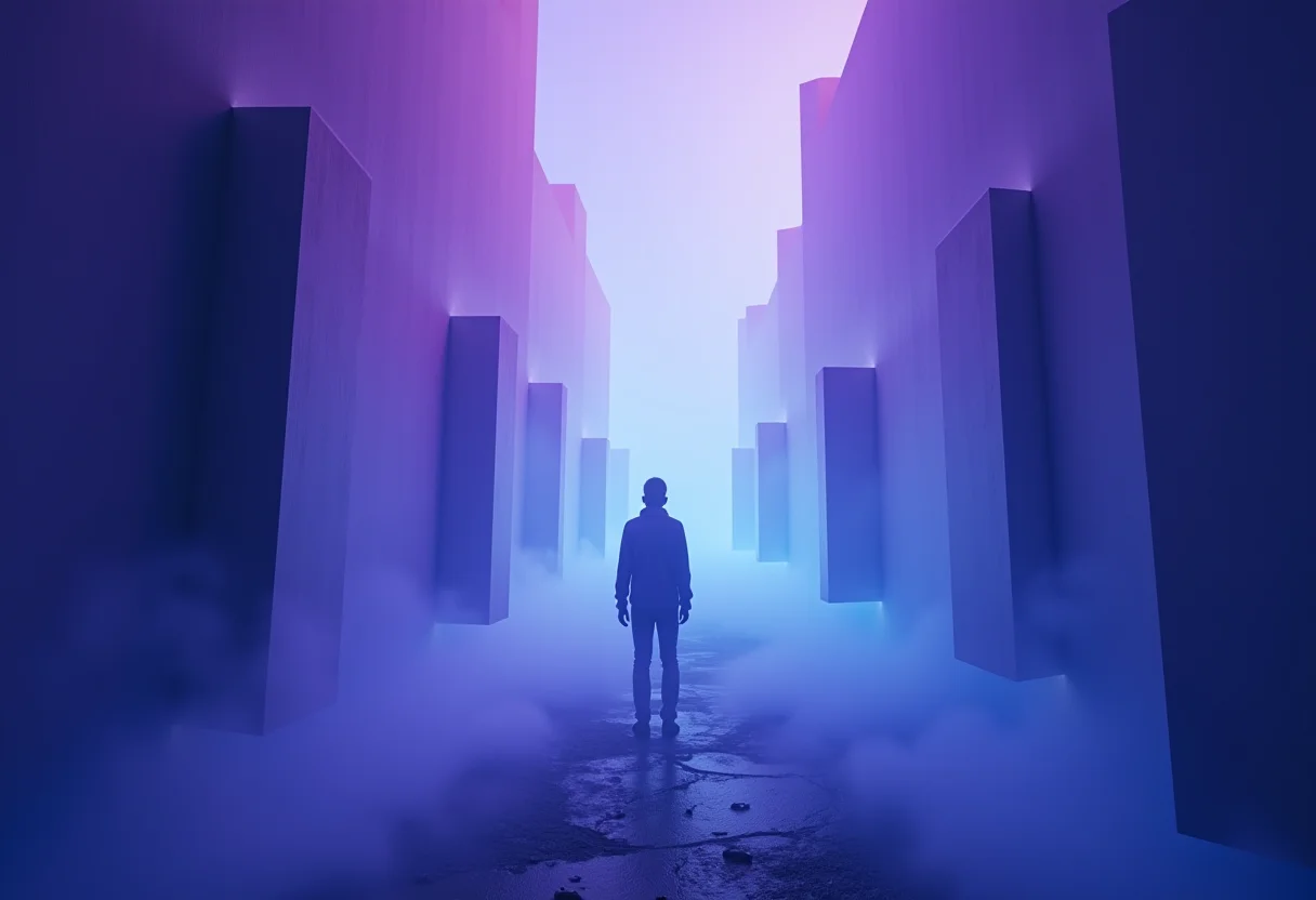 Caminho onírico com várias portas flutuantes representando o subconsciente.