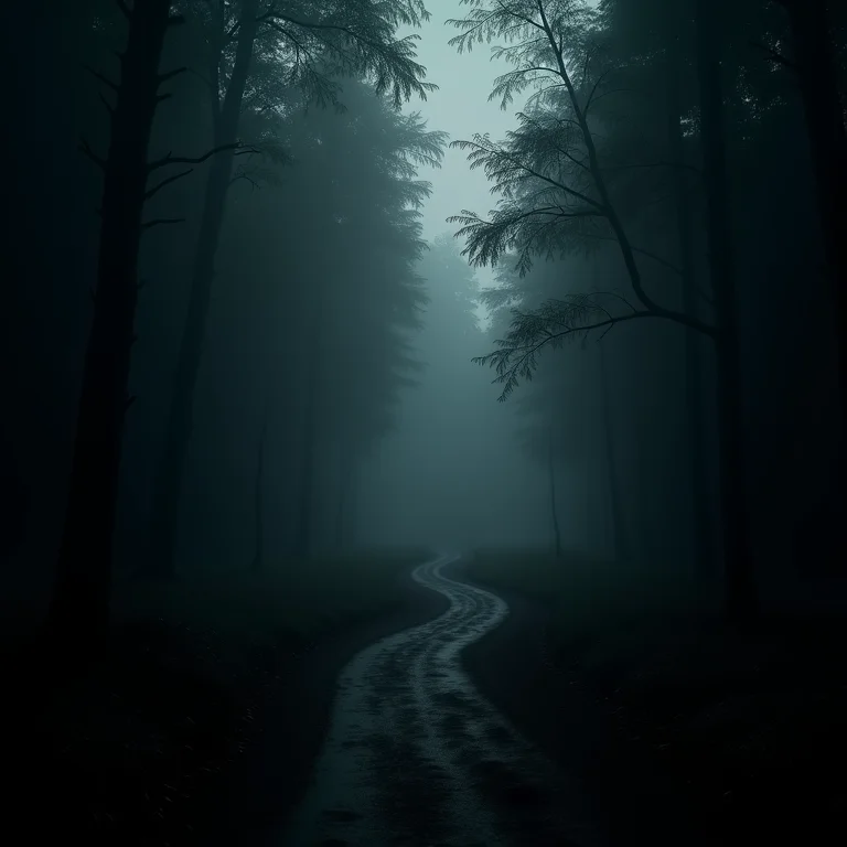 Caminho sombrio com cobra gigante à espreita, simbolizando perigo e alerta.