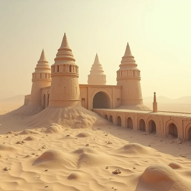 Castelos de areia desmoronando no deserto, simbolizando dificuldades e obstáculos.