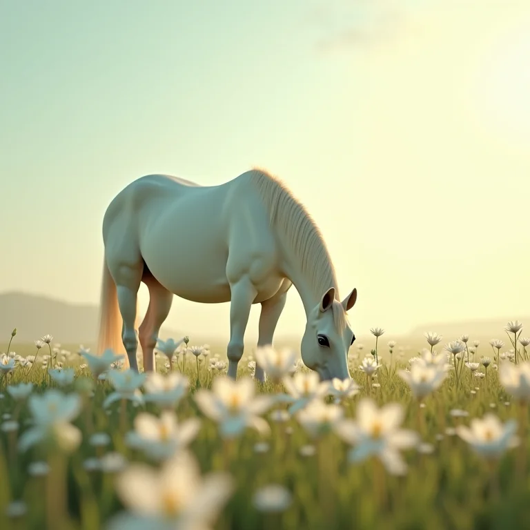 Cavalo branco pastando: pureza e novos começos