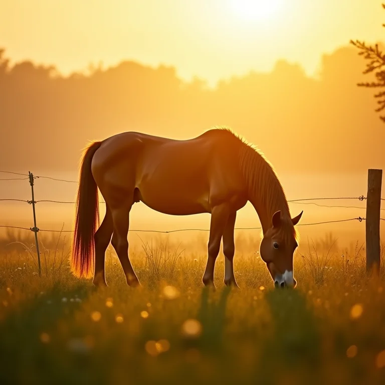 Cavalo marrom pastando: estabilidade e segurança