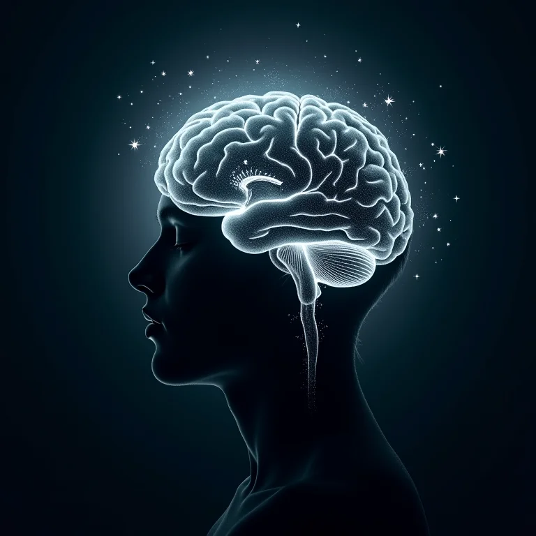 Cérebro com símbolos iluminados, representando estimulação auditiva dirigida.