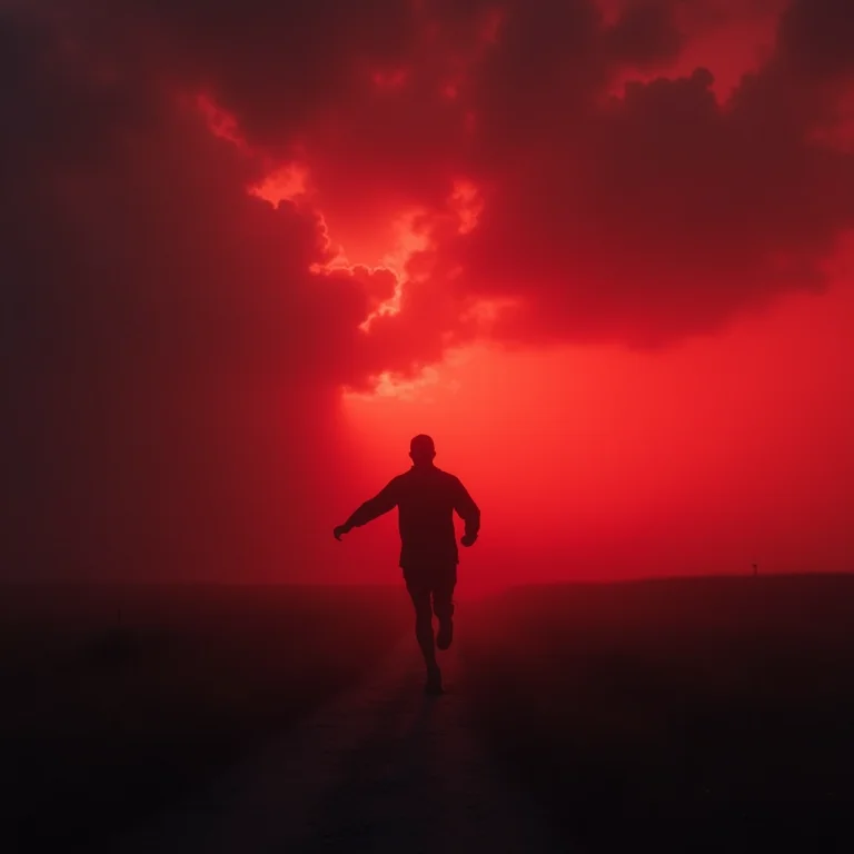 Céu vermelho tempestuoso, silhueta correndo, presságio de desafios