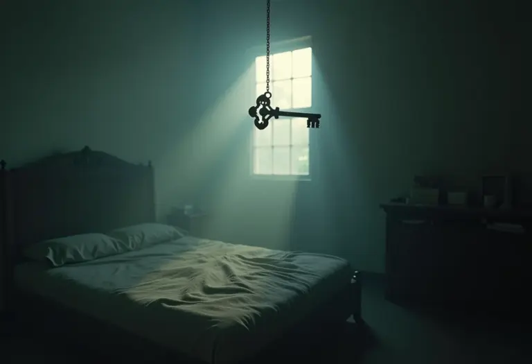 Chave antiga flutuando sobre cama: simbolismo do sono em lugar desconhecido