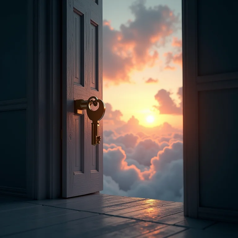 Chave destrancando porta para paisagem onírica, representando autoconhecimento através dos sonhos.