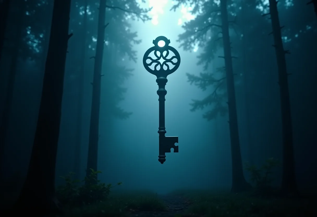 Chave grande flutuando em floresta mística, simbolizando oportunidades e mistérios da vida.