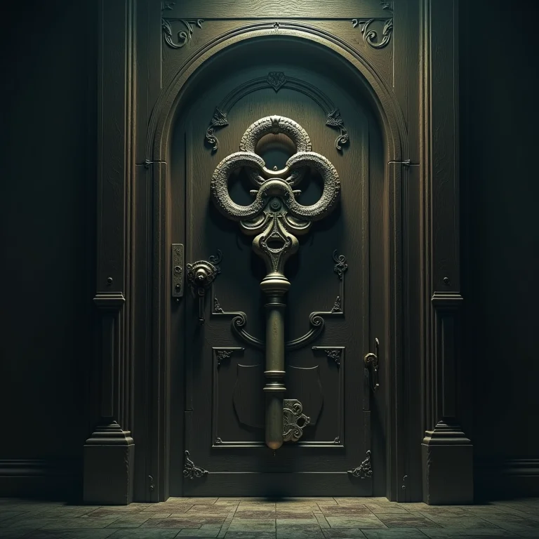 Chave grande que não abre a porta, representando frustração e a busca por soluções alternativas.