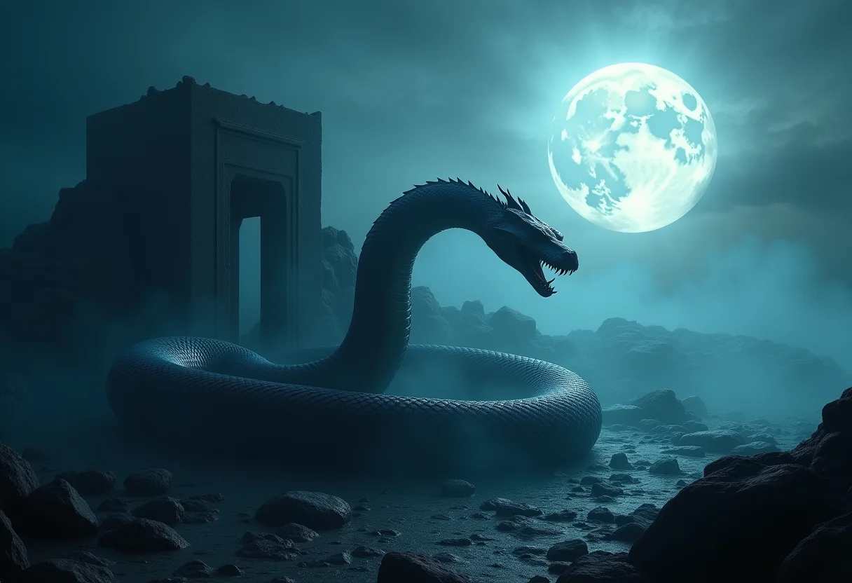 Cobra gigante em ruínas antigas sob a luz da lua, representando mistério e transformação.