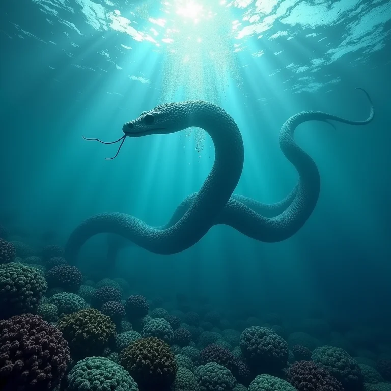 Cobra gigante nadando em um mar de pensamentos, representando o inconsciente e a mente profunda.