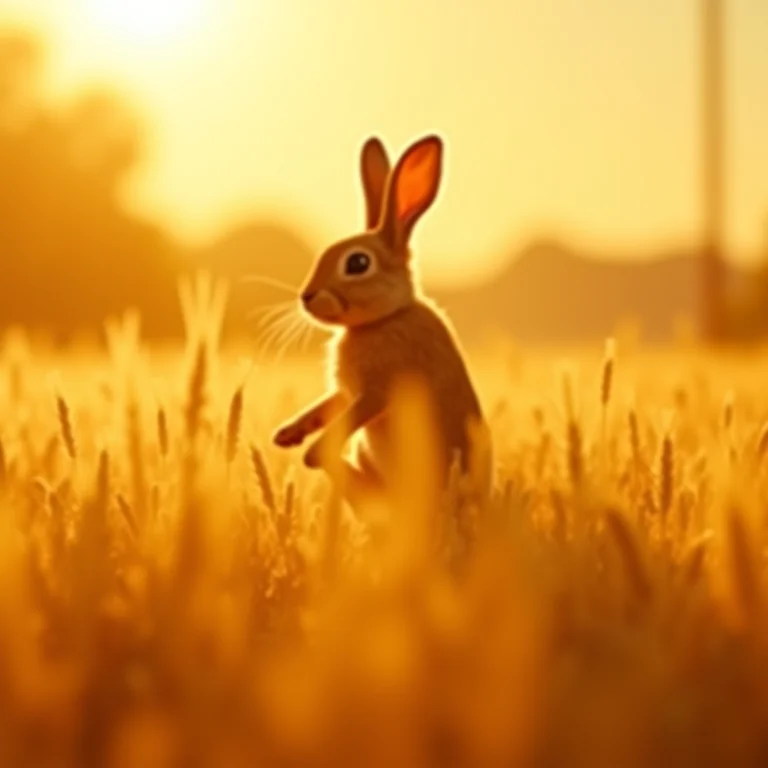 Coelho marrom pulando em campo de trigo, representando estabilidade e segurança.