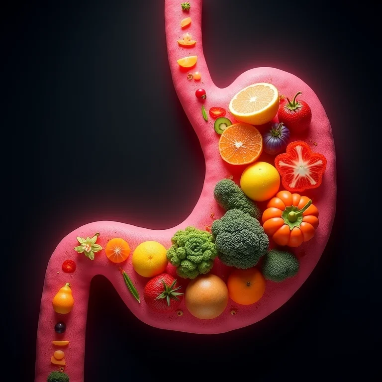 Comidas formando padrões abstratos dentro de um estômago, simbolizando a influência da alimentação nos sonhos.