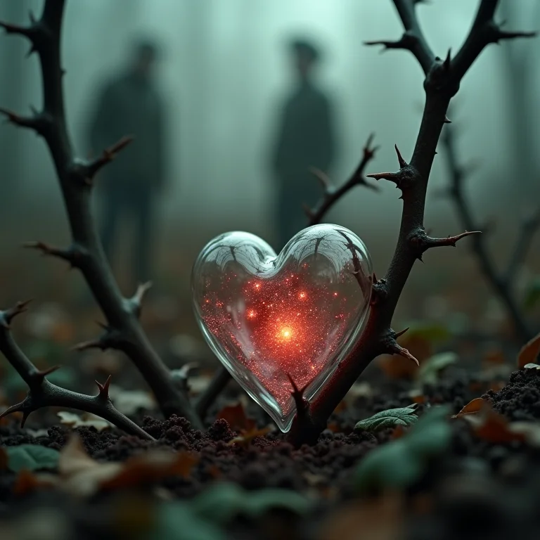 Coração de vidro cercado por espinhos, simbolizando preocupações com a saúde de alguém próximo em sonhos.