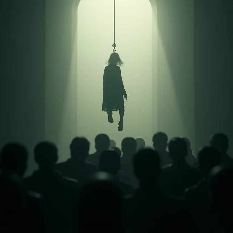 Corda de enforcamento sobre multidão sem rosto, simbolizando sonho com desconhecido se enforcando.