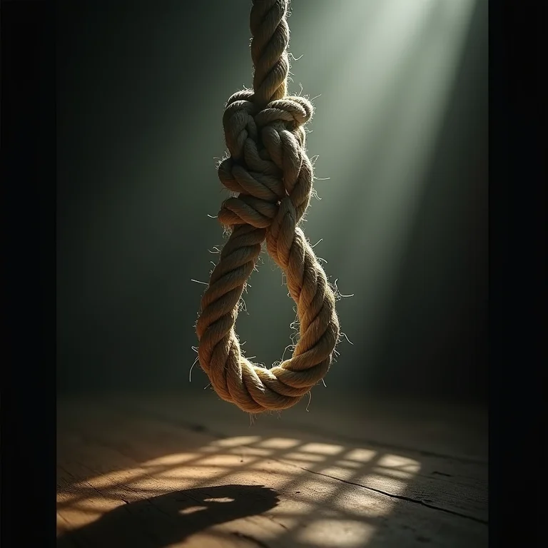 Corda desfiada formando nó de enforcamento com sombras de gaiola, representando sonho com corda de enforcamento.