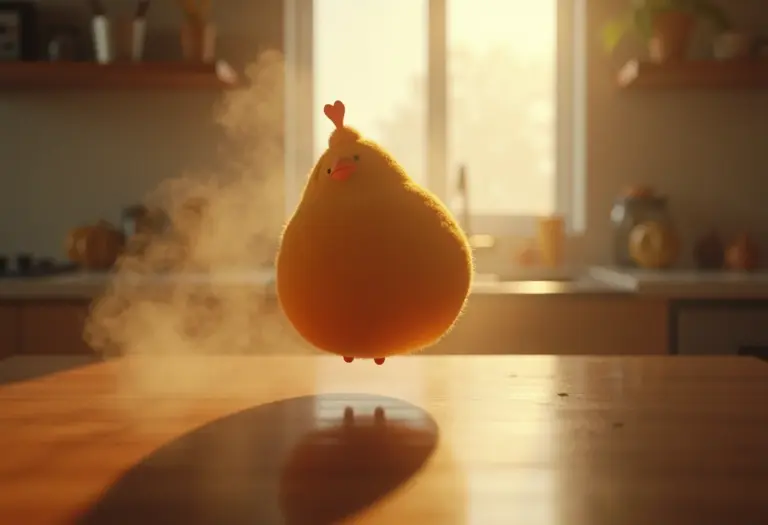 Coxinha dourada flutuando em cozinha nebulosa, representando sonhos e desejos.