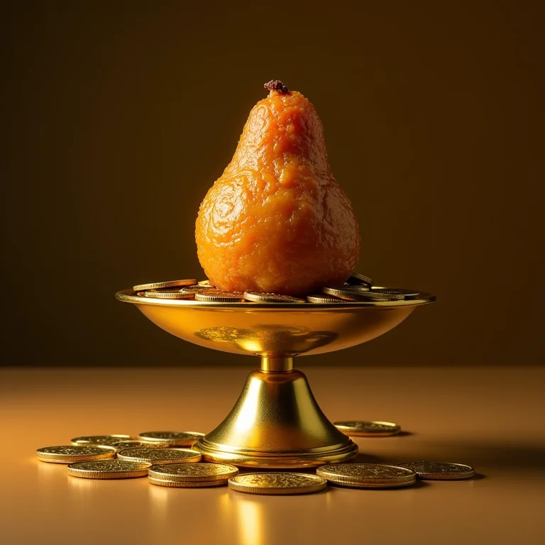 Coxinha em balança dourada com moedas brilhantes, simbolizando necessidade de recompensa.