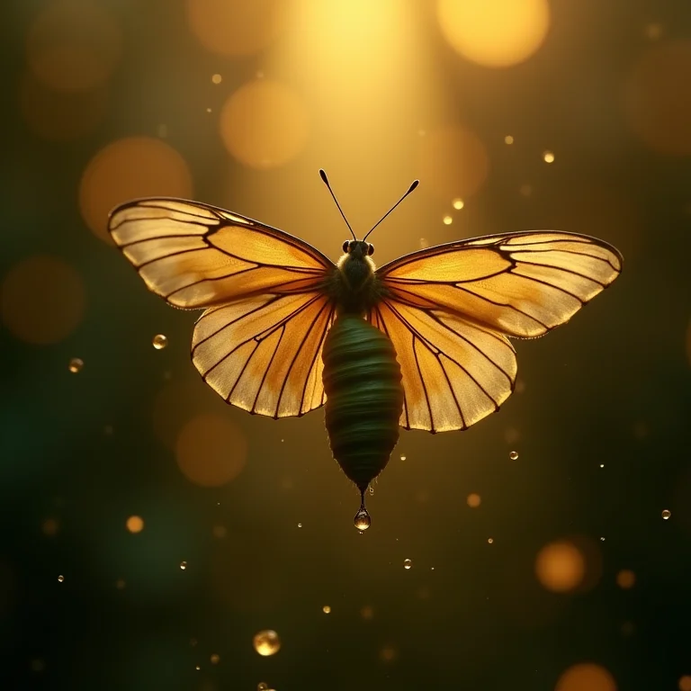 Crisálida se transformando em borboleta sob chuva de lágrimas