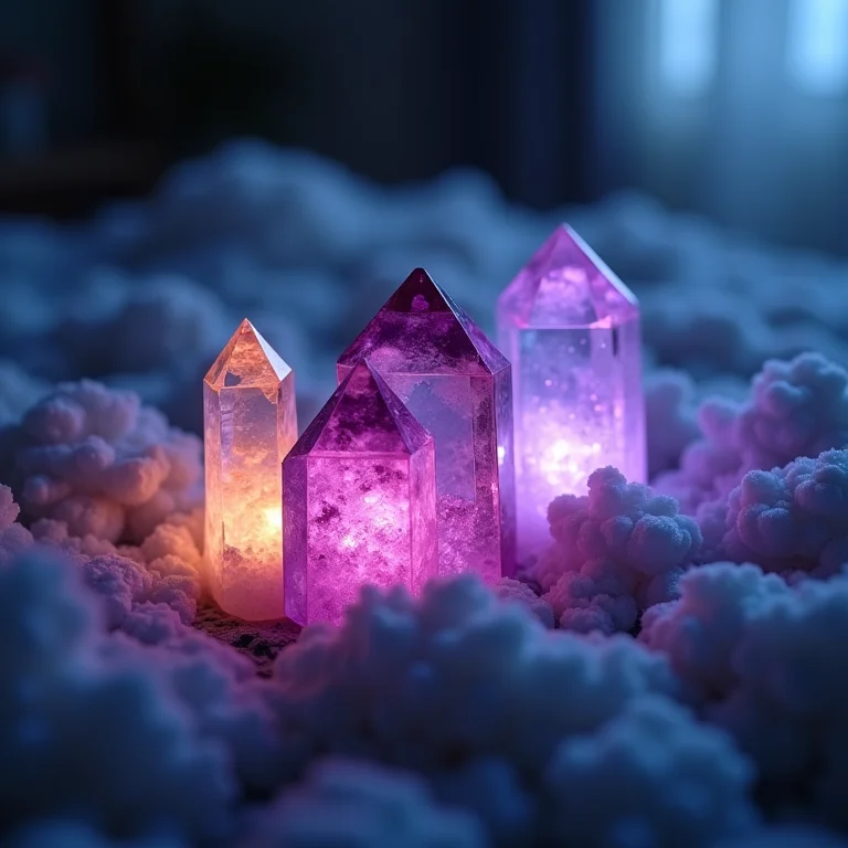 Cristais de proteção e limpeza emanam luz suave.