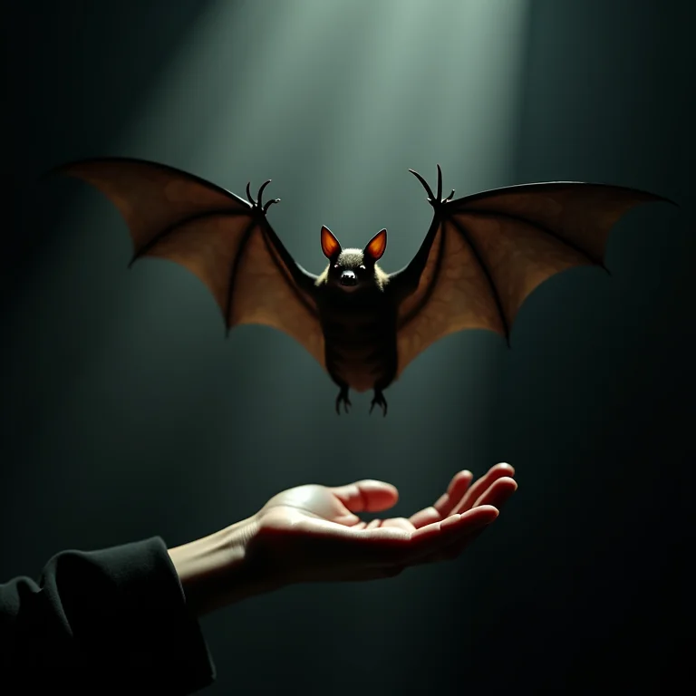 Dente de morcego pairando sobre uma mão trêmula, representando medo em sonhos.