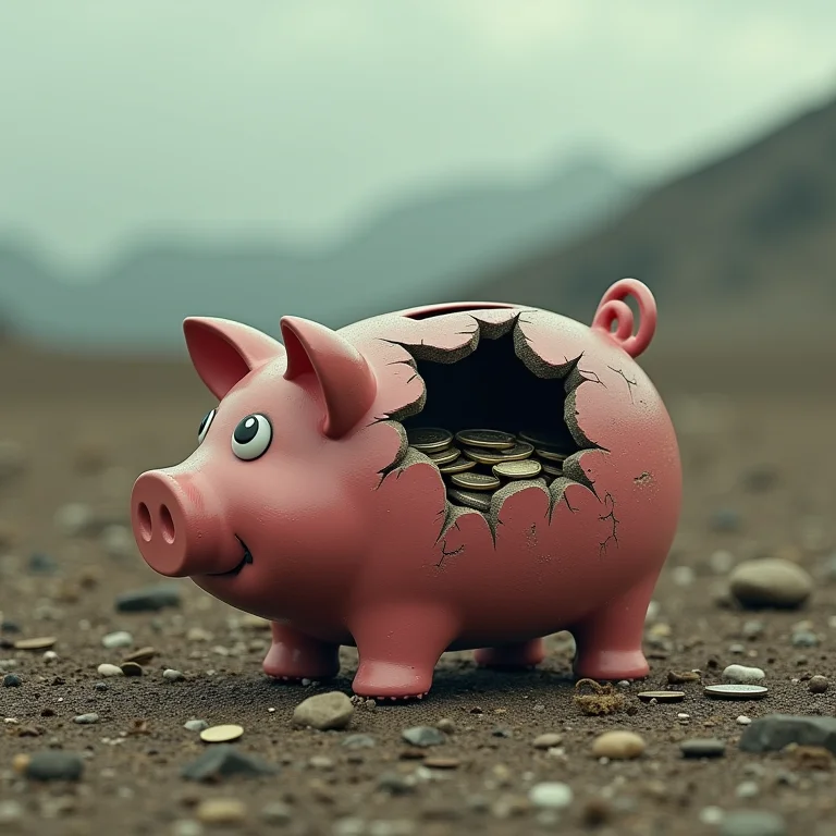 Dificuldades financeiras: cofrinho vazio em paisagem desolada em sonho