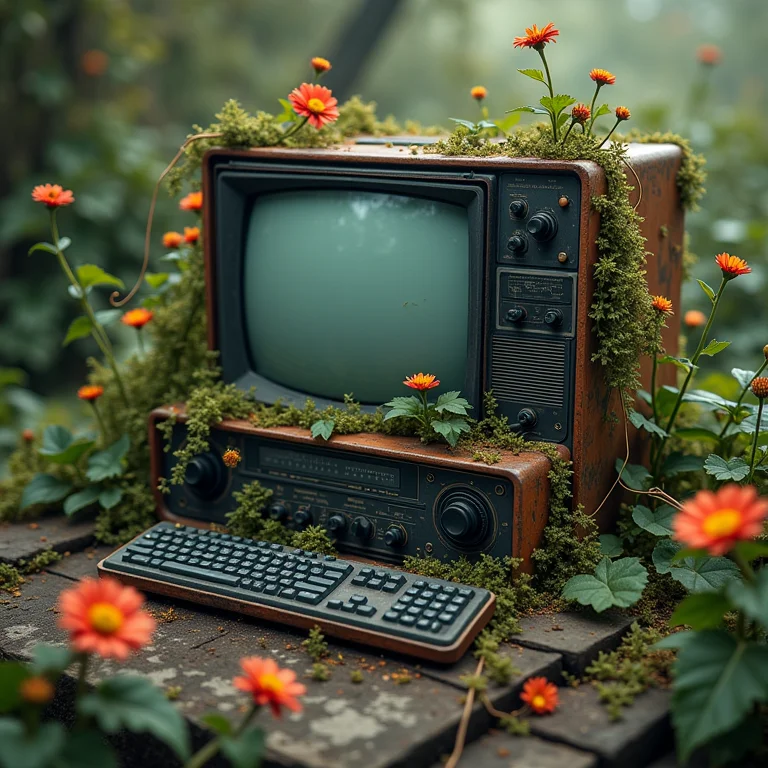 Dispositivos eletrônicos cobertos por plantas, simbolizando o desligamento da tecnologia antes de dormir.