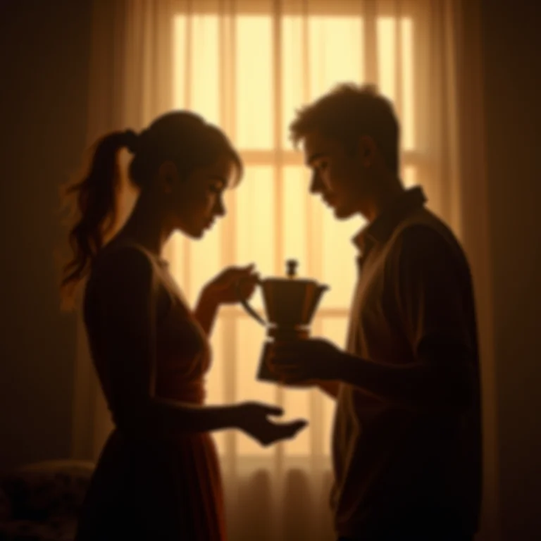 Duas silhuetas compartilhando café de um bule.