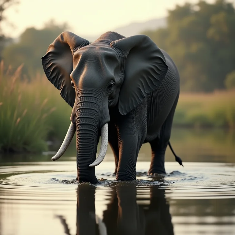 Elefante bebendo água tranquilamente: paz interior e contentamento.