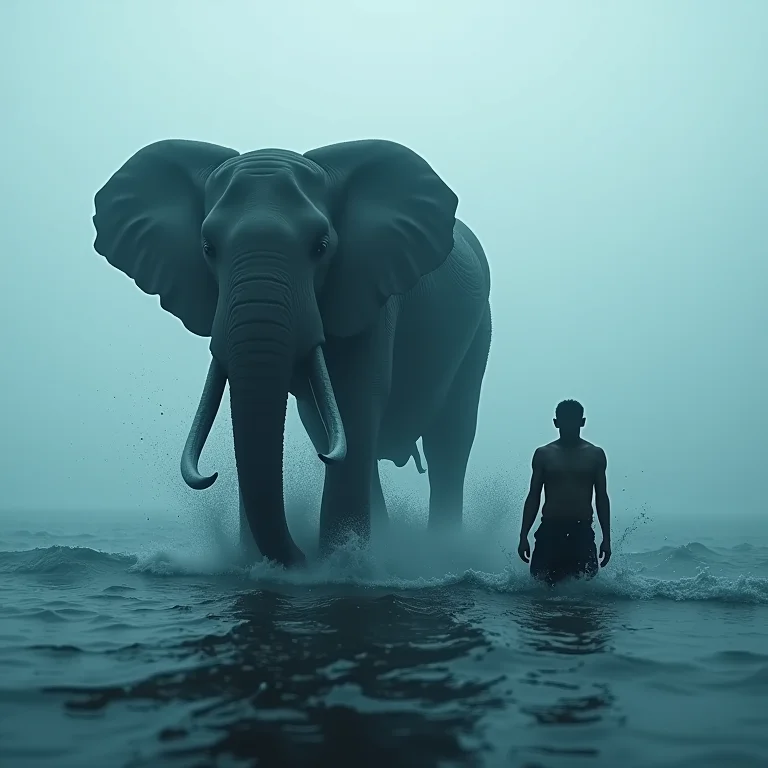 Elefante bravo atacando na água: medo, conflito e superação.