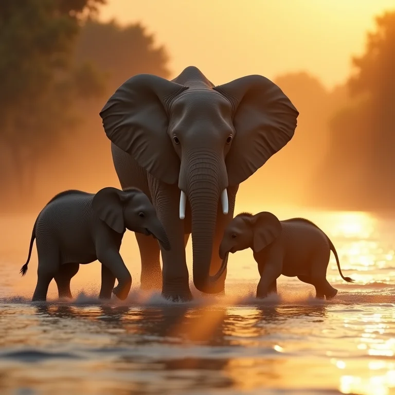 Elefante brincando na água com filhotes: alegria, família e união.