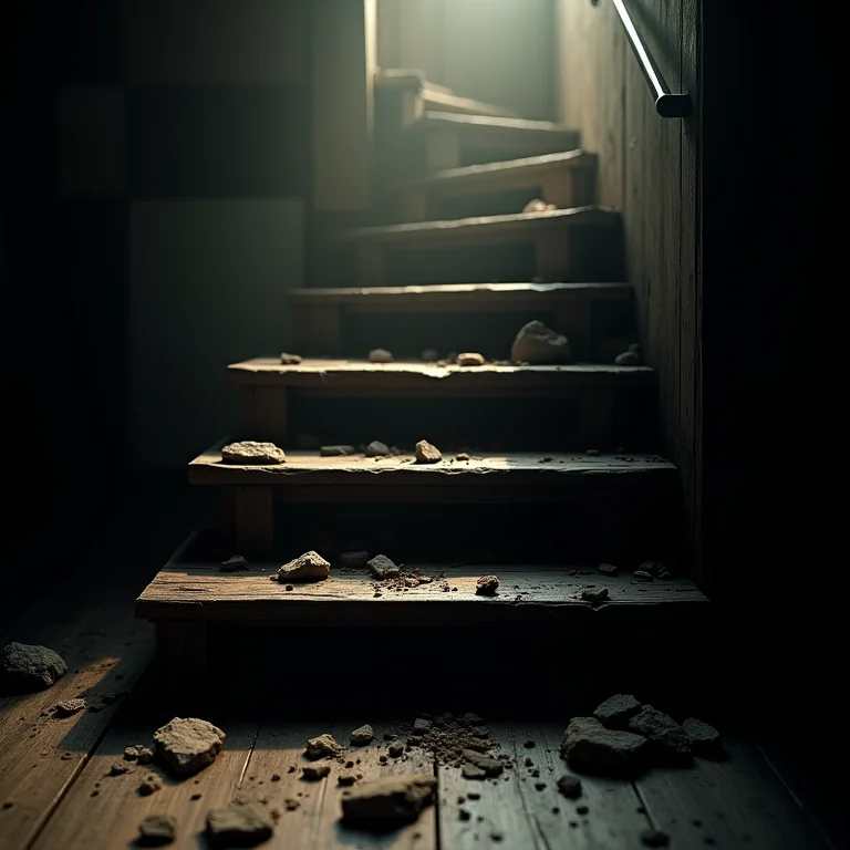 Escada de madeira quebrada, simbolizando obstáculos e dificuldades.