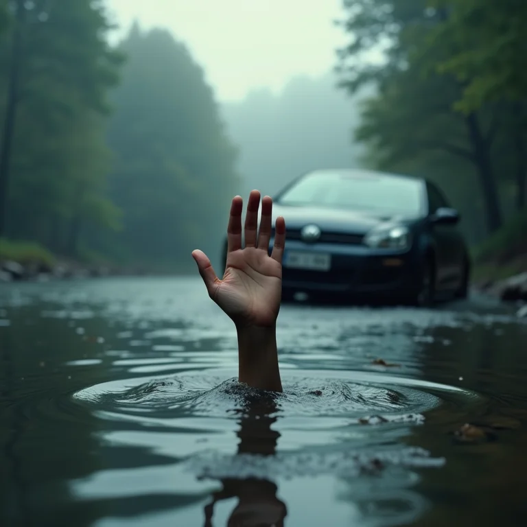 Escapando do carro: mão emergindo do rio, simbolizando a superação
