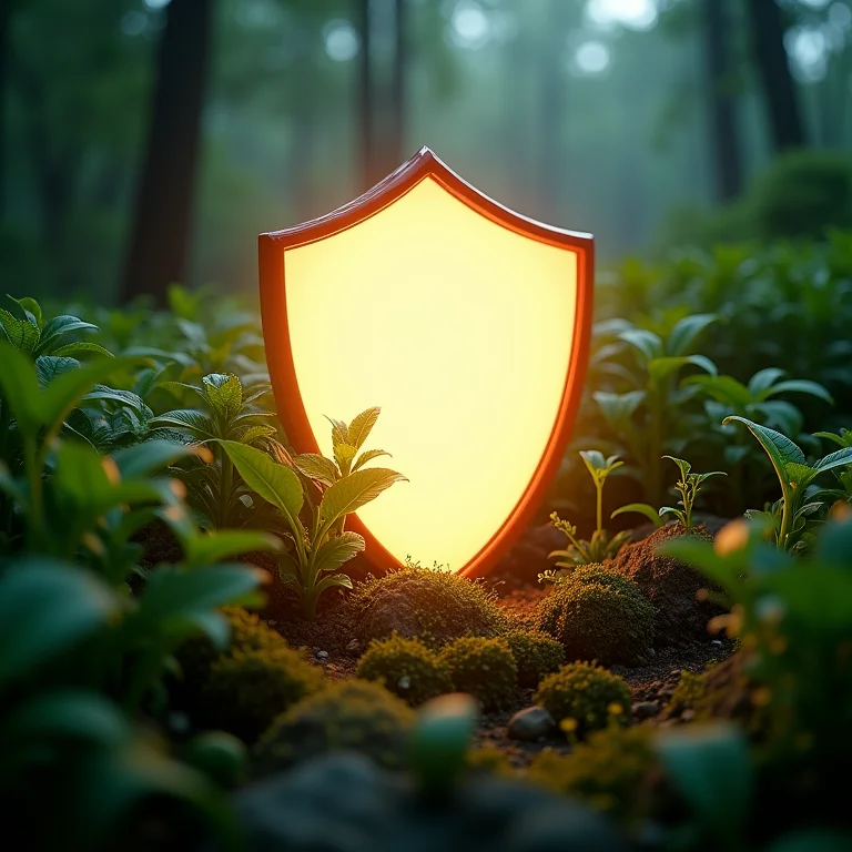 Escudo brilhante cercado por plantas saudáveis, representando o fortalecimento do sistema imunológico.
