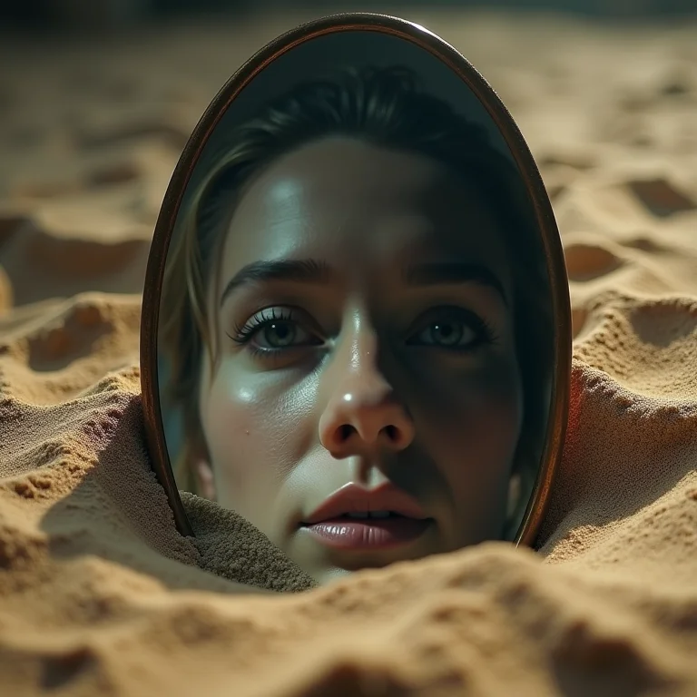 Espelho coberto de areia refletindo uma imagem distorcida, simbolizando auto percepção fragmentada.