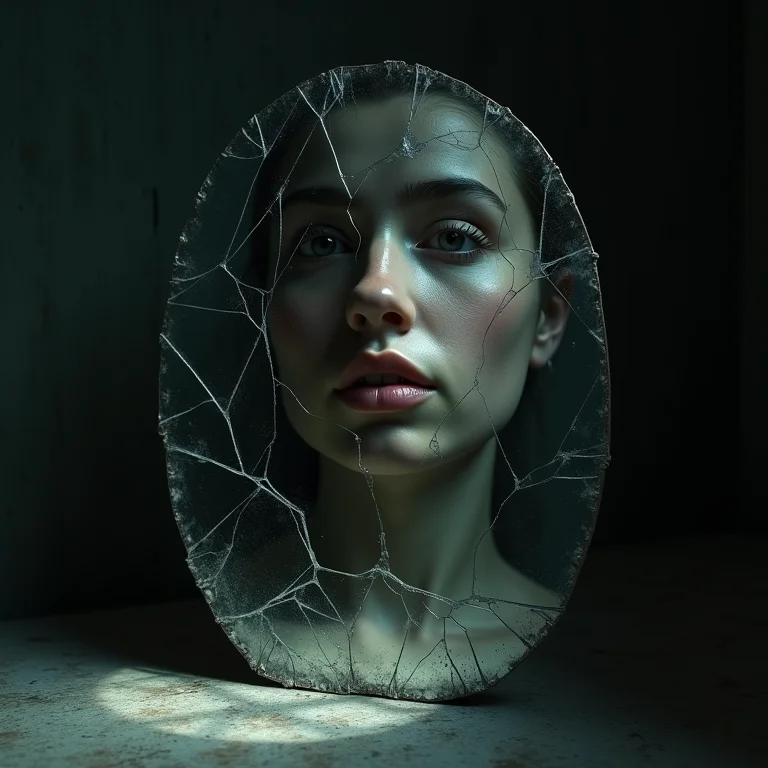 Espelho rachado refletindo rosto distorcido nas sombras