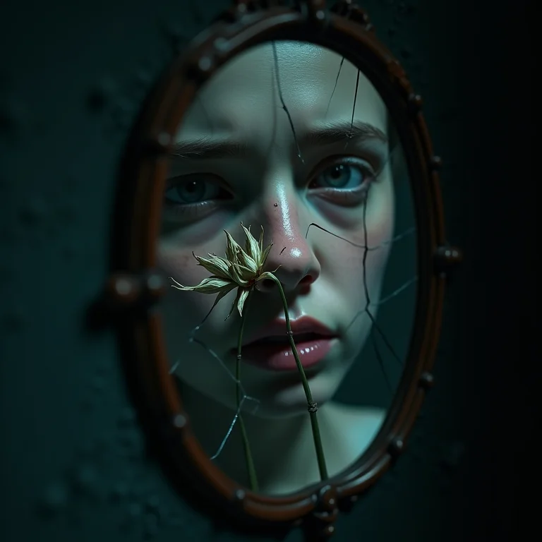 Espelho rachado refletindo rosto preocupado e flor murcha, representando o medo de não ser bom o suficiente em sonhos.