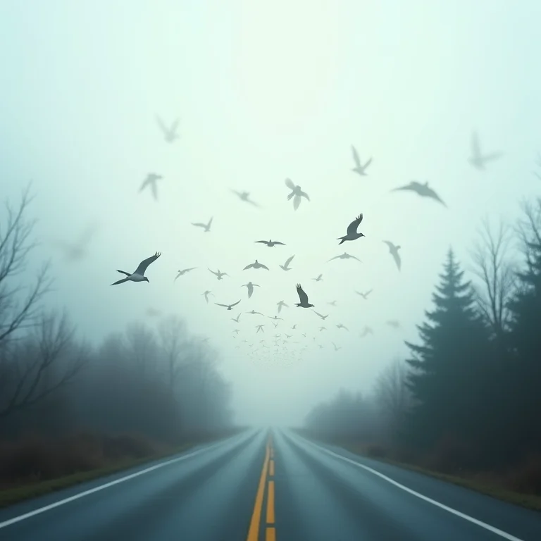 Estrada com pássaros voando, representando mudanças e novas oportunidades em sonho.