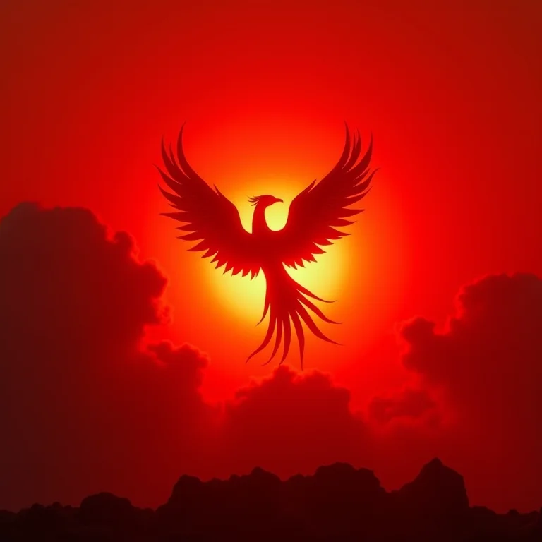 Fênix sob o céu vermelho, símbolo de transformação