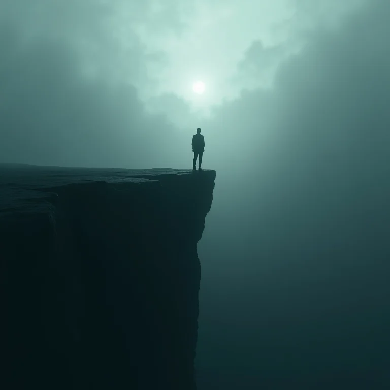 Figura à beira do precipício com sombra de corda, representando sonho com suicídio por enforcamento.