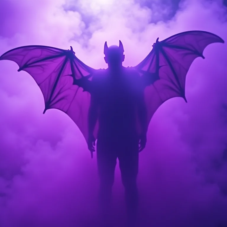 Figura humana se transformando em morcego em meio a fumaça roxa, simbolizando transformação em sonhos.