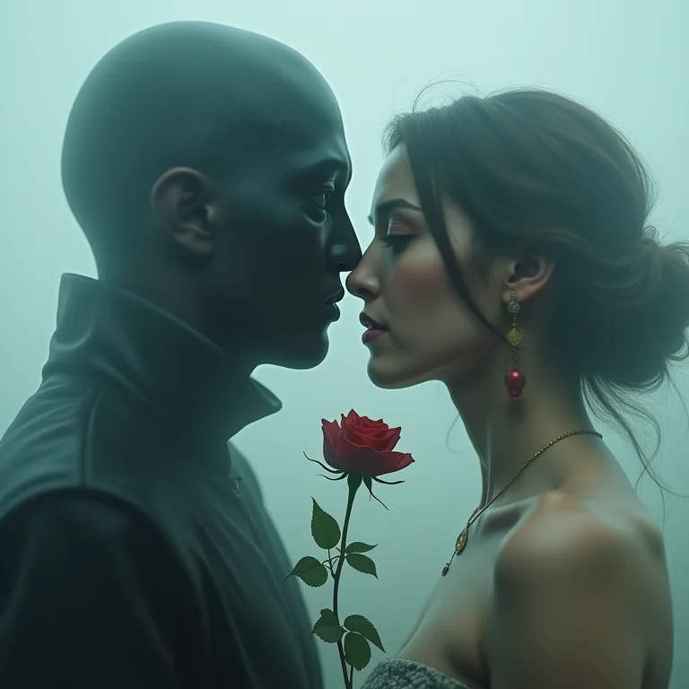 Figura mascarada sussurrando em um ouvido com uma rosa decadente sobreposta, simbolizando falsidade em sonhos.